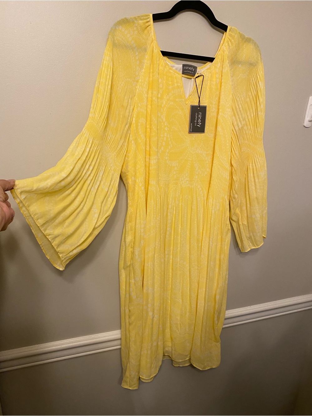 Ninety Yellow Pleated-Sleeve Midi Dress
